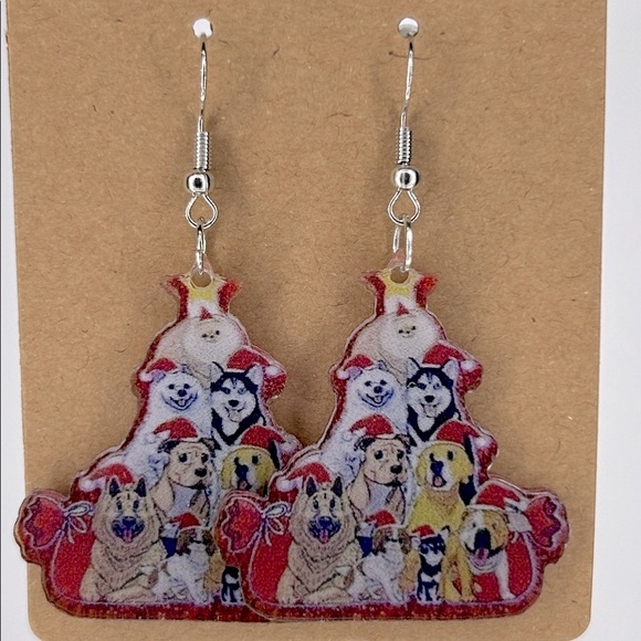 Jewelry - Dog Christmas Tree Dangle Earrings Acrylic 2D